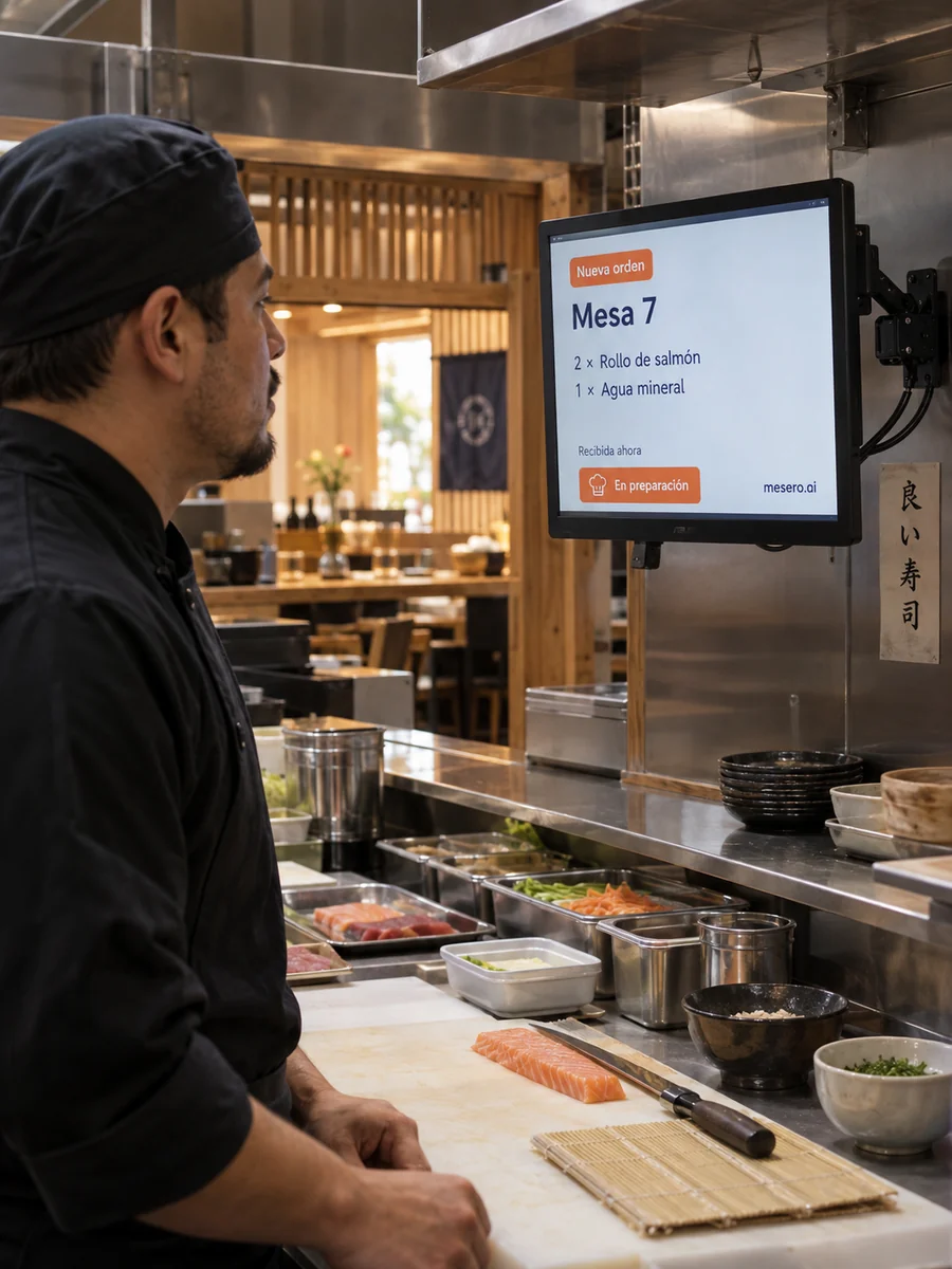 El equipo de cocina recibe una nueva orden de la mesa 7 en su monitor.