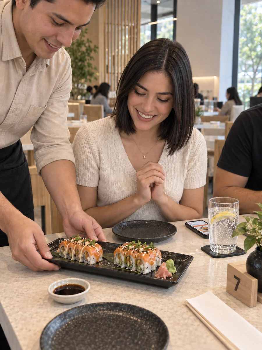 Un mesero lleva los platillos a la mesa de la comensal.