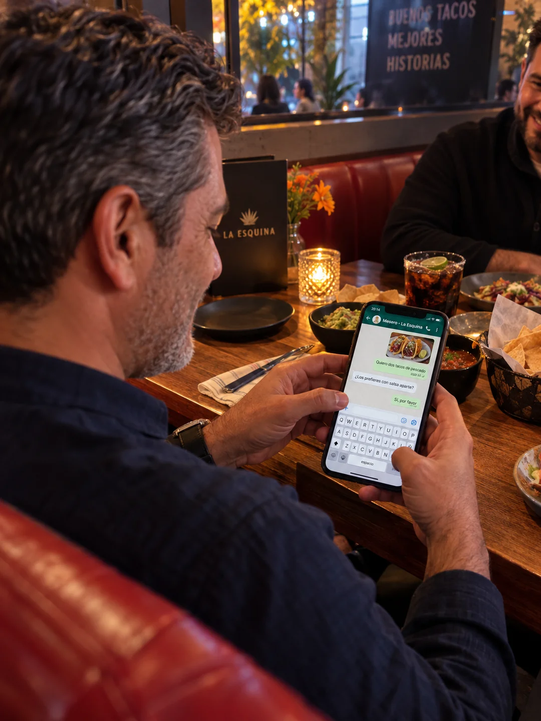 Comensal escribiendo su orden por WhatsApp desde la mesa del restaurante.